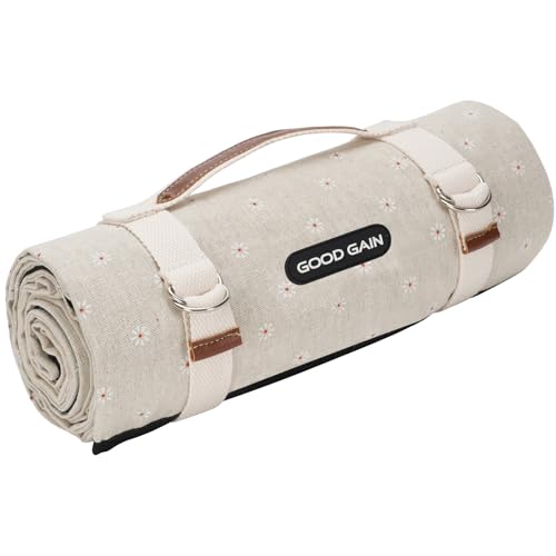 G GOOD GAIN Picnic Blanket Waterproof, Linen Feel Outdoor Blanket Extra Large - Foldable Beach Mat with Carry Strap for Camping, Park, Travel (White Flower) - color: White Flower