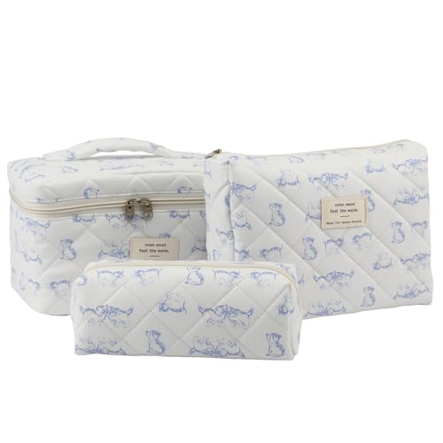 3PCS Coquette Makeup Bag，Quilted Cosmetic Bag Large Make Up Bag Set，Quilted Portable Toiletry Organizer Bag，Cotton Travel Skincare Bag for Women Girls (01-Blue Cat) - style: 01-blue Cat