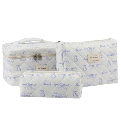 3PCS Coquette Makeup Bag，Quilted Cosmetic Bag Large Make Up Bag Set，Quilted Portable Toiletry Organizer Bag，Cotton Travel Skincare Bag for Women Girls (01-Blue Cat) - style: 01-blue Cat