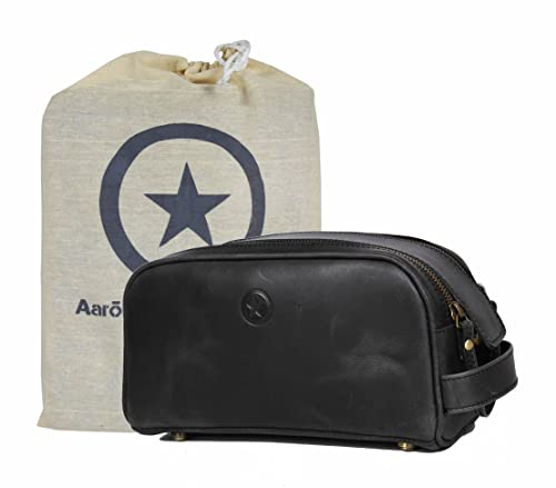 10" Premium Leather Toiletry Travel Pouch With Waterproof Lining Black Color | King-Size Handcrafted Vintage Shaving Kit By Aaron Leather Goods (Florida Black) - color: Florida Black