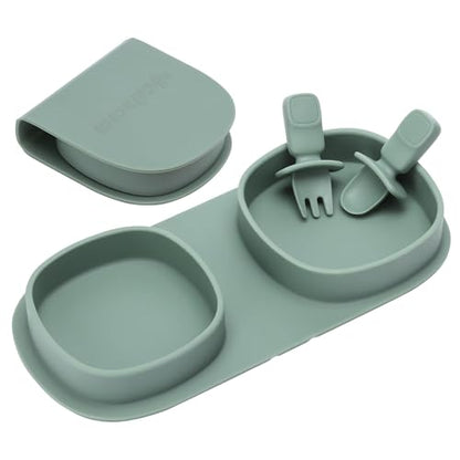 Silicone Foldable Novelty Dinner Plates, Baby Plates Travel Essential with Forks and Spoons, Microwave & Dishwasher Safe, Sage - color: Sage, style: No-Suction