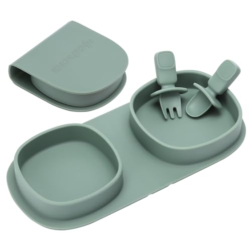 Silicone Foldable Novelty Dinner Plates, Baby Plates Travel Essential with Forks and Spoons, Microwave & Dishwasher Safe, Sage - color: Sage, style: No-Suction