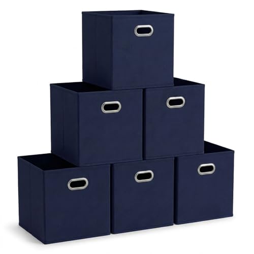 Household Essentials Fabric Storage Bins 6 Piece Set, Strong Poly-Woven Fabric, Sturdy Chipboard Sides, Grommet Front Handle, Stackable and Foldable, Classic Design, Navy - color: Navy, size: 11” L x 11” W x 11” H