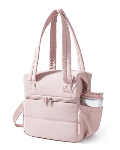 BAGSMART Double Deck Lunch Bag Women, Insulated Reusable Lunch Box, Quilted Puffer Lunch Tote with Shoulder Strap, Durable Large Lunch Cooler For Work Picnic Travel Meal Prep Flight, Pink - color: Pink