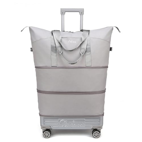 Expandable Rolling Travel Bag with Removable Wheels & Handle, Large Capacity Wheeled Duffle Tote, Foldable Carry On Luggage for Women, Lightweight Weekender Overnight Bag (Grey) - color: Grey