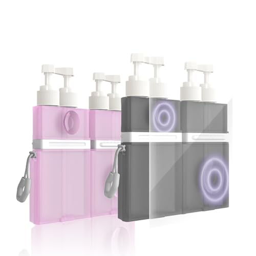 4 in 1 Travel Dispenser Bottle, TSA Approved Refillable Shampoo and Conditioner Bottles Set with Suction Cup for Smooth Walls, Travel Size Toiletries Container for Body Wash/Lotion.(Pink+Grey) 2P - color: Pink+grey