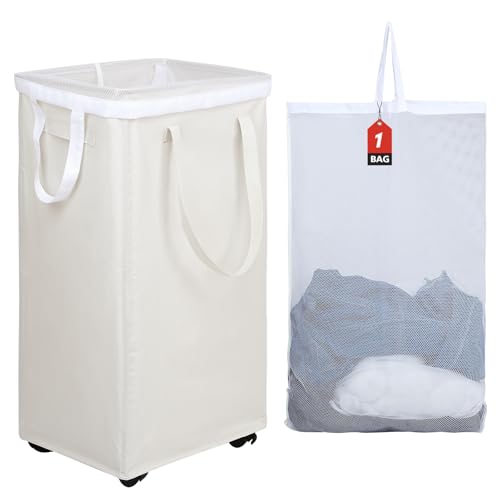 DOKEHOM 90L X-Large Laundry Basket with Removable Wash Bag on Wheels, Collapsible Rolling Laundry Hamper, Foldable Clothes Organizer, Folding Washing Bin (Beige) - color: Beige, size: X-Large Pro 29"