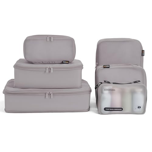 6 Set Compression Packing Cubes for 7–14 Day Travel, Misty Silver | Nylon Oxford Fabric, Full Breathable Mesh, Reinforced Double-Zipper, Small to Large Size Bag, Expandable Packing System - color: Misty Silver