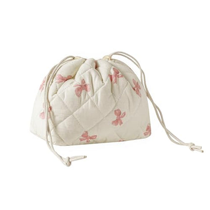 uekeboag Cotton Quilted Drawstring Makeup Bag with Canvas Lining,Coquette Aesthetic Cute Travel Toiletry Bag,Drawstring Gift Bag for Women and Girls（09Little Pink Bow） - color: 09Little Pink Bow