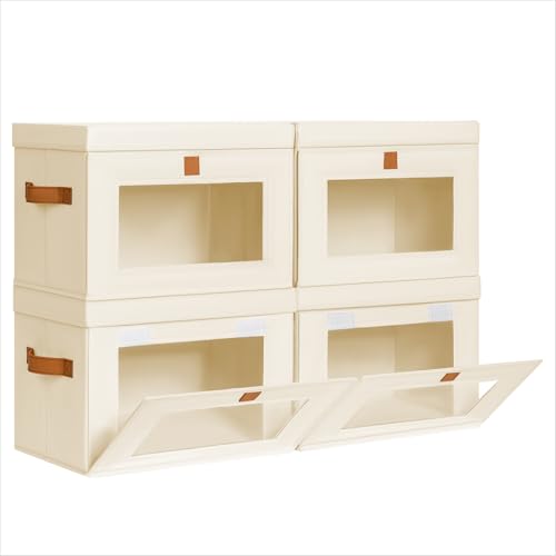 Homsorout Medium Fabric Storage bins - Collapsible Storage Bins with Open Window, 4 Pack Closet Baskets for Shelves, Stackable Decorative Boxes for Home, Dorm, Beige, 13.7"x 9.8" x 9.8" - color: Beige, size: Medium - 4 Pack