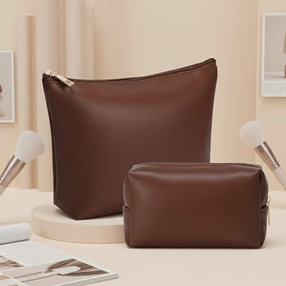 Kigeli 2 Pcs PU Leather Makeup Bag Set for Women Waterproof Aesthetic Cosmetic Bag Large & Small Travel Toiletry Organizer Pouch Skincare Organizer Bridesmaid Mother's Day Birthday Gift(Dark Brown) - color: Dark Brown