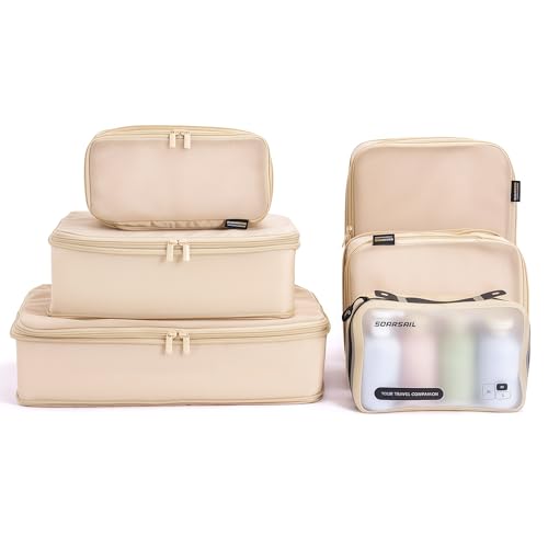 6 Set Compression Packing Cubes for 7–14 Day Travel, Mist Khaki | Nylon Oxford Fabric, Full Breathable Mesh, Reinforced Double-Zipper, Small to Large Size Bag, Expandable Packing System - color: Mist Khaki