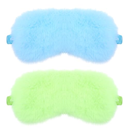 2 Pcs Plush Leopard Eye Mask Soft Sleeping Blindfold Eye Cover Comfortable Furry Faux Fur Sleeping Mask Satin Nap Night Eyeshade Cover for Women Men Gift (Green, Blue) - color: Green&blue