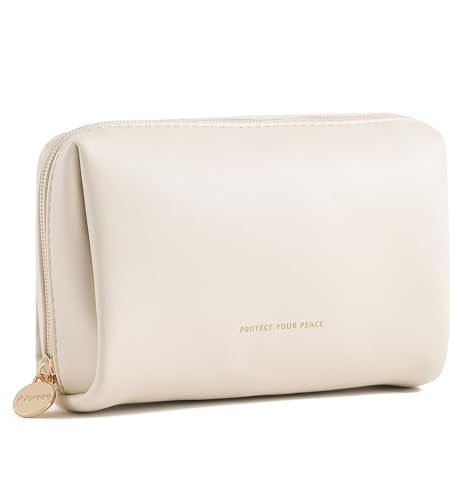 Aveniee Travel Makeup Bag Small, Vegan Leather Cosmetic Pouch for Purse, Wide-open Toiletry Organizer with Dividers & Zipper for Women-Beige - color: Beige, size: Small