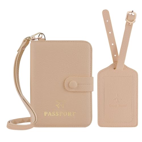 BoutilonLeather Passport Holder Covers Case with Neck Lanyard and Luggage Tag Waterproof RFID Blocking Travel Wallet Solid Color Passport Organization for Women and Men (Apricot) - color: Apricot