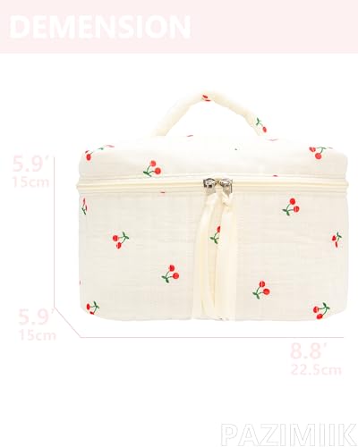 PAZIMIIK Quilted Makeup Bag Large Travel Zipper Soft Cosmetic Case for Women Girls Make Up,Cherry Beige - color: Cherry Beige, size: 1 PCS Bag