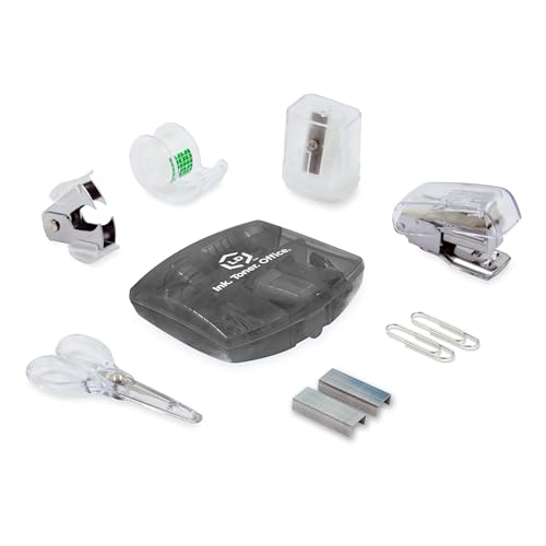 LD Products Black Mini Office Supply Kit Portable Case with Scissors, Paper Clips, Tape Dispenser Set, Pencil Sharpener, Mini Stapler with Staples and Staple Remover - color: Black