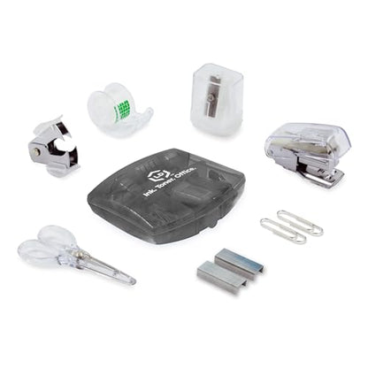 LD Products Black Mini Office Supply Kit Portable Case with Scissors, Paper Clips, Tape Dispenser Set, Pencil Sharpener, Mini Stapler with Staples and Staple Remover - color: Black