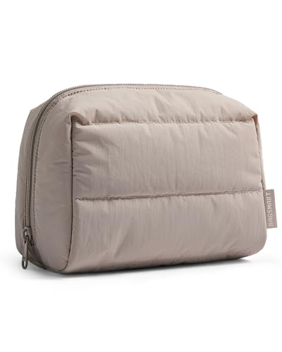 BAGSMART Puffy Makeup Bag, Wide Opening Cosmetic Organizer, Soft Water-Resistant Travel Toiletry Pouch for Women for Purse, Compact & Spacious - color: 02-Camel