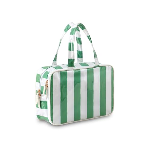 Travel Toiletry Bag for Women, Waterproof Clear Coated Portable Stripe Makeup Cosmetic Bag with Compartment, Travel Organizer for Shampoo, Conditioner, Brushes Set,Cosmetic Accessories(White-Green) - color: White-Green