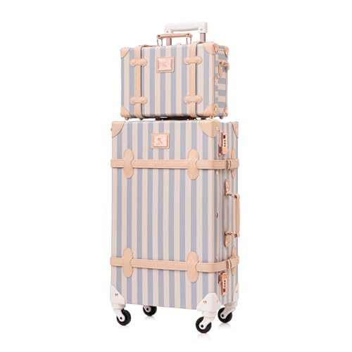 UNIWALKER Vintage Suitcase Set for Women, 2 Piece Retro Spinner Trunk Luggage with Cosmetic Handbag, 24"+12", Blue Strip - color: blue strip, size: 24in+12in