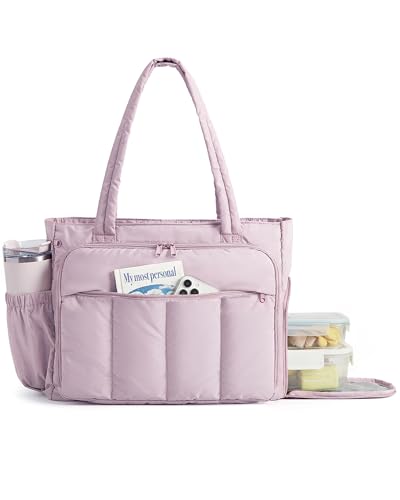 BAGSMART Laptop Tote Bag, Lunch Tote Work Bag with Lunchbox Compartment, Large Puffer Teacher Nurse Tote Large Shoulder - color: Baby Pink