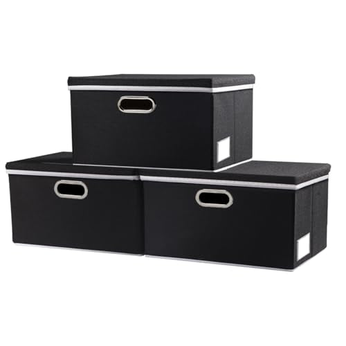PRANDOM Storage Boxes with Lids [3-Pack] Fabric Collapsible Storage Bins Organizer Containers Baskets Cube with Cover for Home Bedroom Closet Office Nursery Black（11.4X8.6X6.7 - color: Black, size: S(3-Pack)