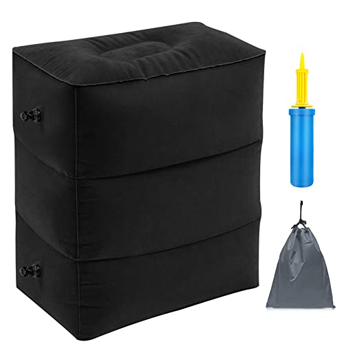 Travel Foot Rest Pillow, Portable Inflatable with Double Hand Pump Adjustable Three Layers Height Pillow for Foot Rest on Airplanes,Cars,Buses,Trains,Office Kids to Sleep on Long Flights (Black) - color: Black