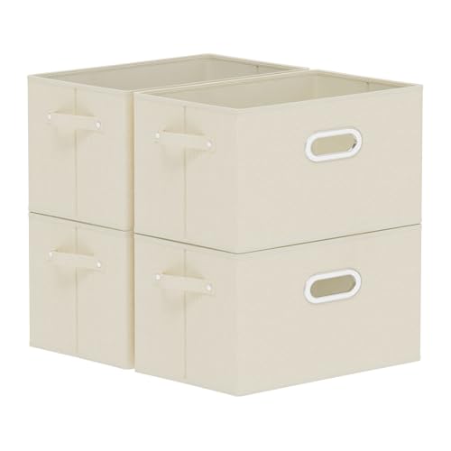 Foldable Cloth Basket with 4 Handles, Decorative Open Storage Boxes, Stackable Cube Organization, Fabric Bins for Shelves, Closet, Living Room, 13x9.1x7.9in, Beige, 4 Pack - color: Beige, size: 13x9.1x7.9 in(4 Pack)