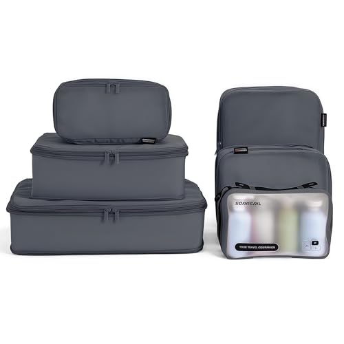 6 Set Compression Packing Cubes for 7–14 Day Travel, Charcoal Gray | Nylon Oxford Fabric, Full Breathable Mesh, Reinforced Double-Zipper, Small to Large Size Bag, Expandable Packing System - color: Charcoal Gray