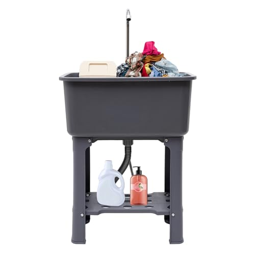 Laundry Sink, Freestanding Plastic Laundry Sink With Washboard Utility Sink Laundry Tub Indoor and Outdoor Utility Sink with Faucet Hoses Drain Kit for Laundry Room Washing Room Garden Garage - color: 23.62*15.75*30.12in -Gray