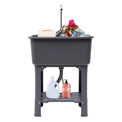 Laundry Sink, Freestanding Plastic Laundry Sink With Washboard Utility Sink Laundry Tub Indoor and Outdoor Utility Sink with Faucet Hoses Drain Kit for Laundry Room Washing Room Garden Garage - color: 23.62*15.75*30.12in -Gray