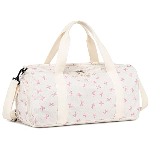 Gym Bag Sports Duffle Bag with Wet Pocket Weekender Overnight Bags with Waterproof Shoe Compartment for Girls Kids Women Dance Workout Travel Bags - color: Bow Pink