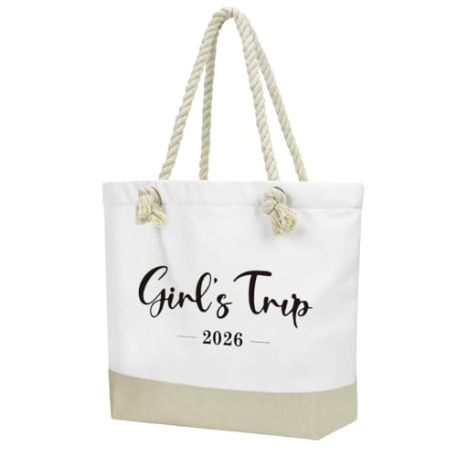 Fokongna Tote Bag For Women, Beach Bag Best Friend Travel Birthday Gifts, Travel Parties Vacation Shopping Essentials - color: Girls Trip White