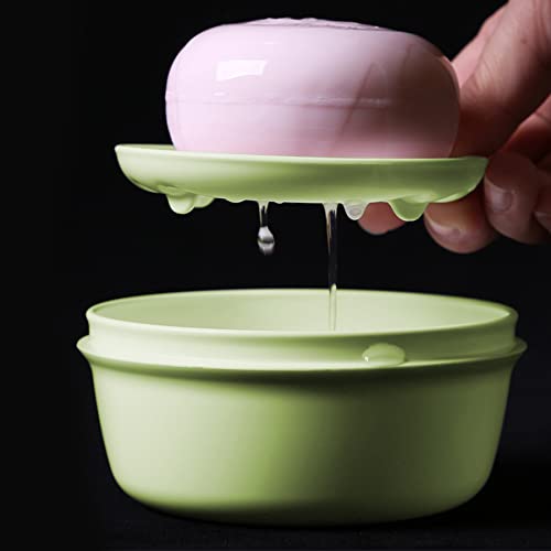 2 Pack Portable Round Soap Dishes, Plastic Soap Container with Lid Leak-Proof Drain Soap Box Holder Soap Container for Home Traveling Outdoor Hiking Camping Gym (Green + Pink) - color: Green+pink