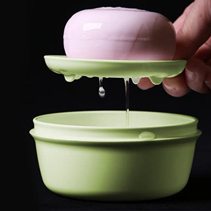 2 Pack Portable Round Soap Dishes, Plastic Soap Container with Lid Leak-Proof Drain Soap Box Holder Soap Container for Home Traveling Outdoor Hiking Camping Gym (Green + Pink) - color: Green+pink