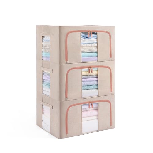 GuliPostan 3 Pack 24L Stackable Clothes Storage Bins with Metal Frame Handles & Zipper, Collapsible Closet Organizer Box with Lid for Bedding Blankets Towel (Beige) - color: Beige, size: Small-24L (3 Pack)
