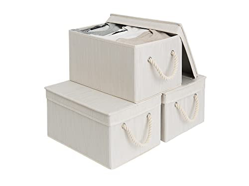 StorageWorks Storage Bins with Lids, Decorative Storage Boxes with Soft Rope Handles, Foldable Stackable Storage Baskets for Closet, Shelves, 3-Pack, Ivory and White, Large - color: Ivory and White, size: Large