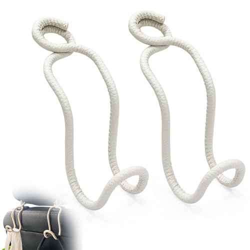 Car Seat Back Organizer Hooks 2 Pack - Space Saving Car Headrest Hangers with Anti-Drop Loop for Women Men, Universal Car Bag Holder for SUV Truck for Front and Back Seat Storage - Beige Leather/2S - color: Beige Leather, size: 2*Small