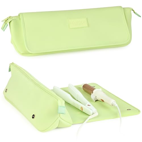 BAREFOOT CARIBOU Hair Tools Travel Bag and Heat Resistant Mat (15.5") for Flat Irons, Straighteners, Curling Iron, and Haircare Accessories, 2-in-1 design, Interior Pockets, Organizer (Apple Green) - color: Apple Green