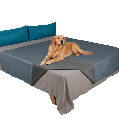 Ameritex Pet Bed Blanket Reversible 100% Waterproof Velvet Super Soft for Sofa and Bed - color: Blue+darkgrey, size: 68x82 Inches