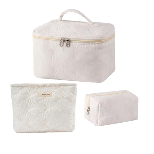uekeboag 3Pcs White Quilted Cotton Makeup Pouch,Coquette Quilted Toiletry Bag for Women and Girls, Floral Coquette Organizer Bag, Aesthetic Travel Cosmetic Bags(3Pcs White Shell) - color: 3Pcs White Shell