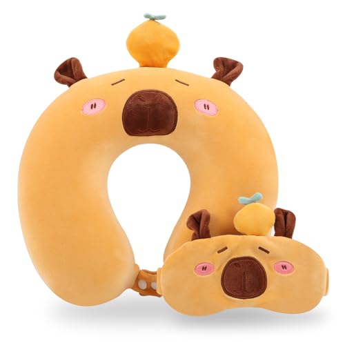 Travel Pillow, Kids Travel Pillow with Sleep Eye Mask Soft Memory Foam Kids Neck Pillow for Boys & Girls, Travel Accessories for Car Airplane Traveling - Capybara - color: Capybara