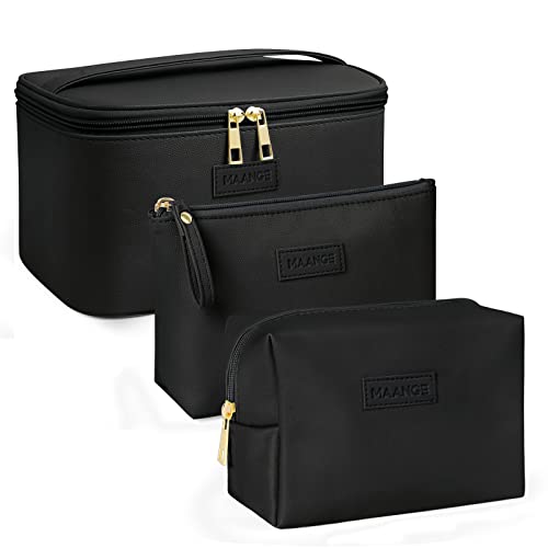 MAANGE Makeup Bag - Large Cosmetic Bag with 2pcs Small Makeup Bags Portable Leather Travel Makeup Bag Set Toiletry Bag Make Up Bags for Women and Girls (Black) - color: Black
