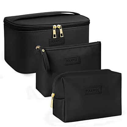MAANGE Makeup Bag - Large Cosmetic Bag with 2pcs Small Makeup Bags Portable Leather Travel Makeup Bag Set Toiletry Bag Make Up Bags for Women and Girls (Black) - color: Black