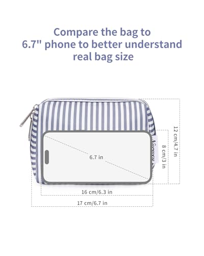 Narwey Small Striped Makeup Bag for Purse Mini Cosmetic Bag Travel Makeup Pouch Zipper Pouch Cute Make up Bags with Compartments for Women Girls (Greyish Blue Stripe, Small) - color: A-Greyish Blue Stripe, style: Small