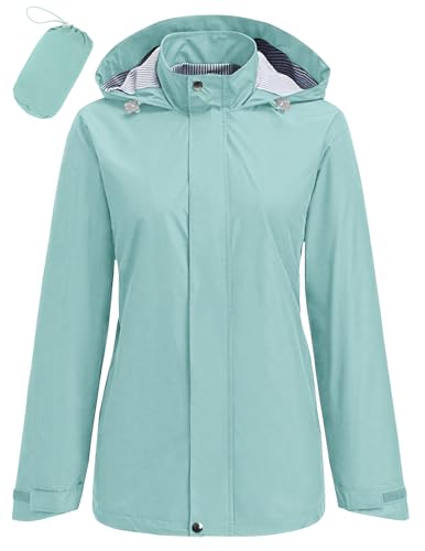 Hount Womens Waterproof Raincoat Lightweight Packable Striped Lined Rain Jacket Casual Travel Outdoor Hooded Jakctes - color: Bean Green, size: Small