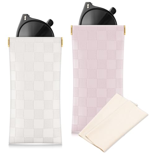 Sightor Sunglasses Case, 2 Pcs Soft Eyeglass Cases Checkered Sunglass Case Portable Squeeze Top Leather Glasses Pouch - color: White, Pink