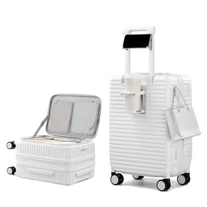 HanTrip 20 Inch Carry on Luggage 22x14x9 Airline Approved Hard Shell Suitcases with Wheels, Top Opening Expandable Carry on Luggage with Cup Holder Small Rolling Suitcase with Lock, White - color: White, size: Expandable 20 Inch