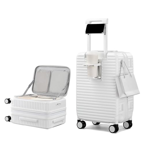HanTrip 20 Inch Carry on Luggage 22x14x9 Airline Approved Hard Shell Suitcases with Wheels, Top Opening Expandable Carry on Luggage with Cup Holder Small Rolling Suitcase with Lock, White - color: White, size: Expandable 20 Inch